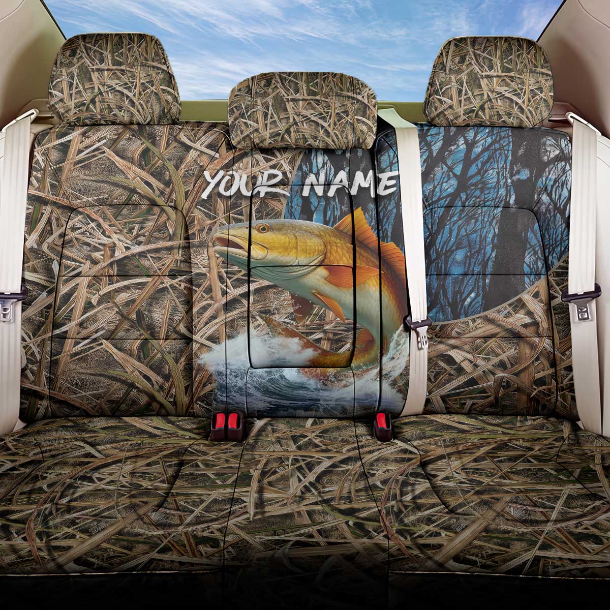 Redfish Splashing in Marsh Grass Back Car Seat Cover Custom Name and Nature Background Design - Wonder Print Shop