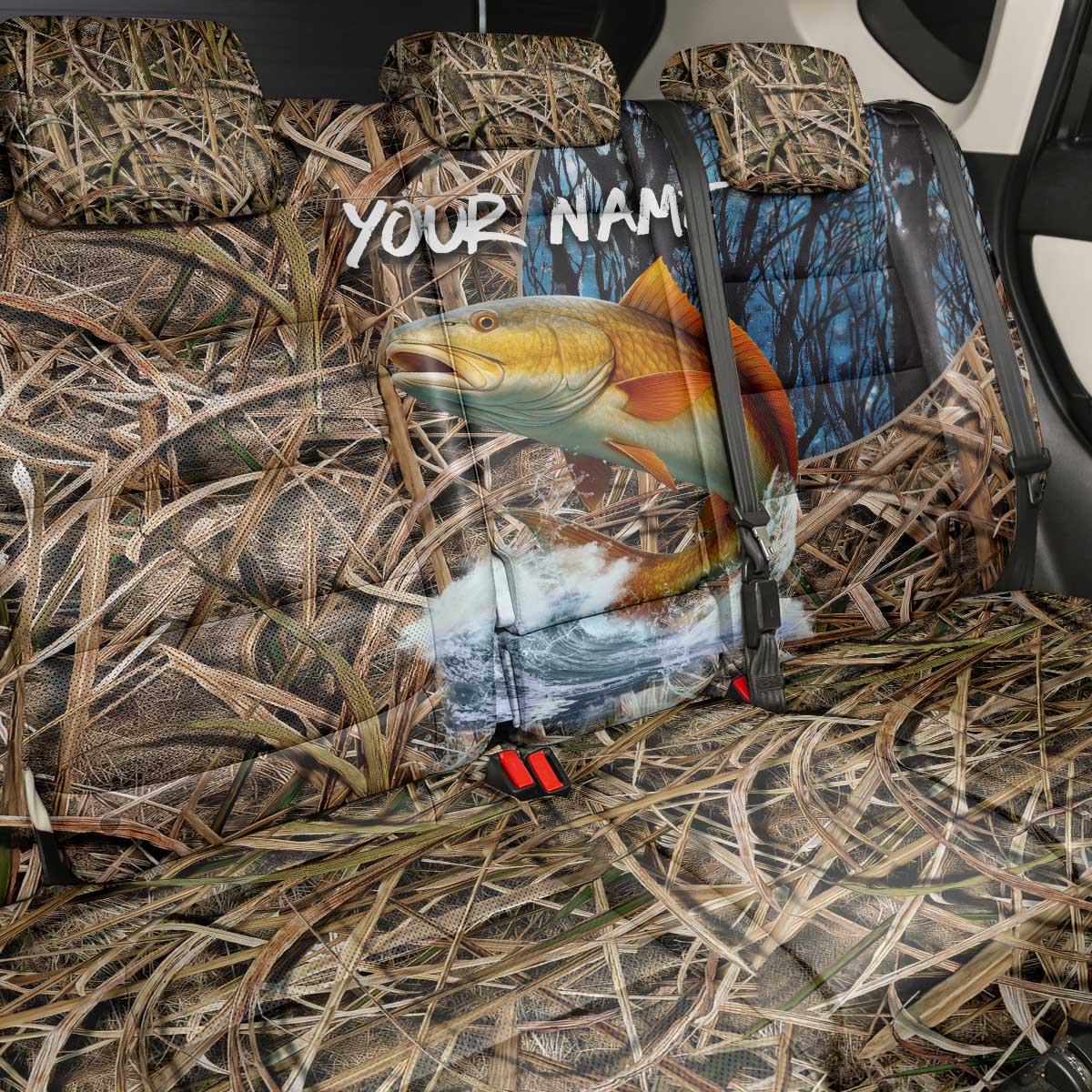 Redfish Splashing in Marsh Grass Back Car Seat Cover Custom Name and Nature Background Design - Wonder Print Shop