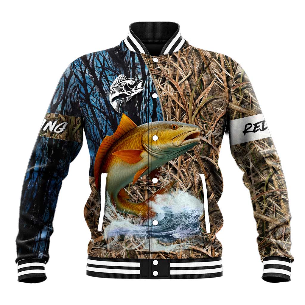 Redfish Splashing in Marsh Grass Baseball Jacket Custom Name and Nature Background Design - Wonder Print Shop