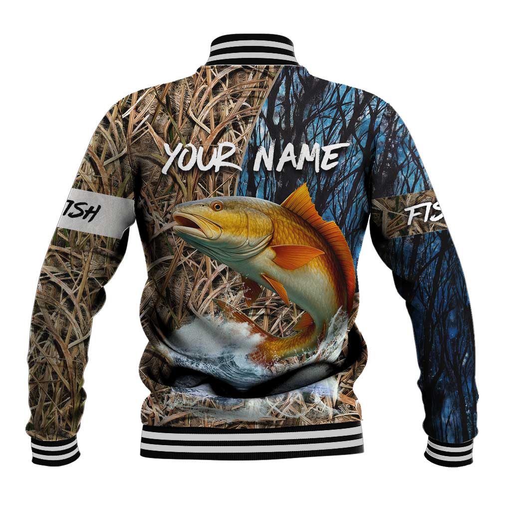 Redfish Splashing in Marsh Grass Baseball Jacket Custom Name and Nature Background Design - Wonder Print Shop