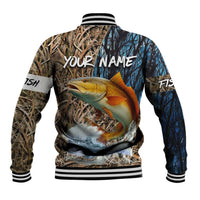 Redfish Splashing in Marsh Grass Baseball Jacket Custom Name and Nature Background Design - Wonder Print Shop