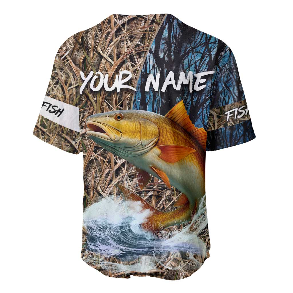 Redfish Splashing in Marsh Grass Baseball Jersey Custom Name and Nature Background Design - Wonder Print Shop