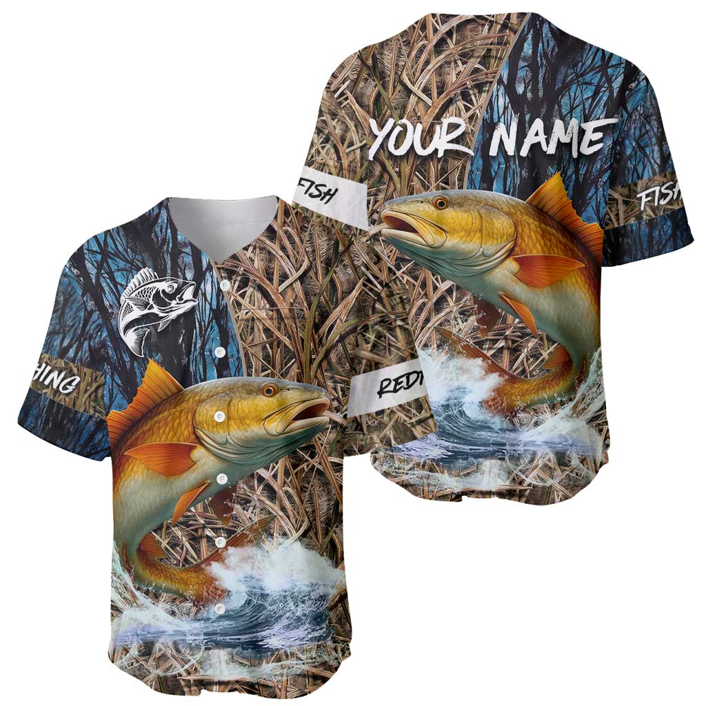 Redfish Splashing in Marsh Grass Baseball Jersey Custom Name and Nature Background Design - Wonder Print Shop