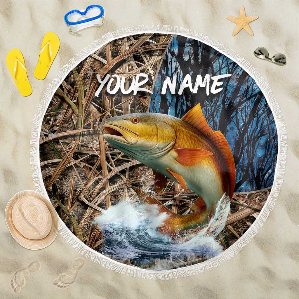 Redfish Splashing in Marsh Grass Beach Blanket Custom Name and Nature Background Design - Wonder Print Shop