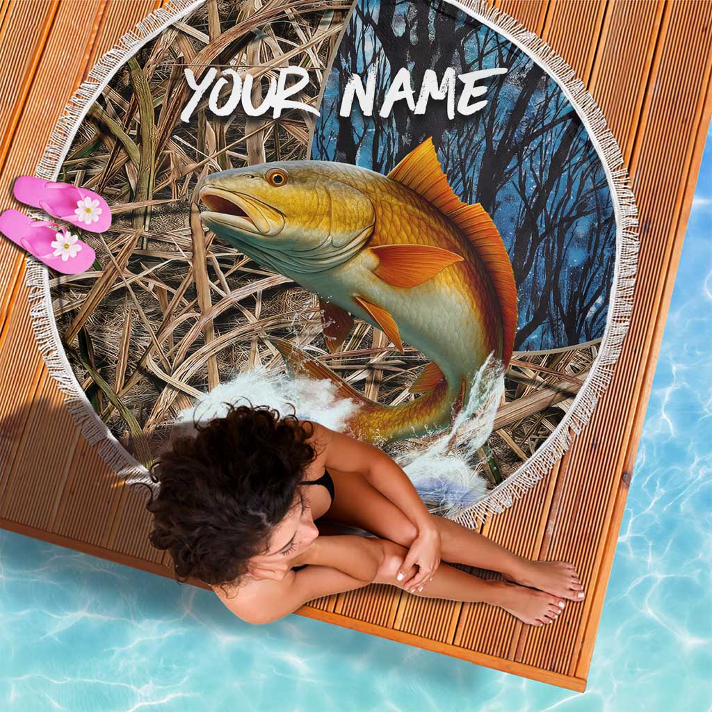 Redfish Splashing in Marsh Grass Beach Blanket Custom Name and Nature Background Design - Wonder Print Shop
