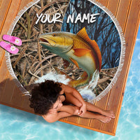 Redfish Splashing in Marsh Grass Beach Blanket Custom Name and Nature Background Design - Wonder Print Shop