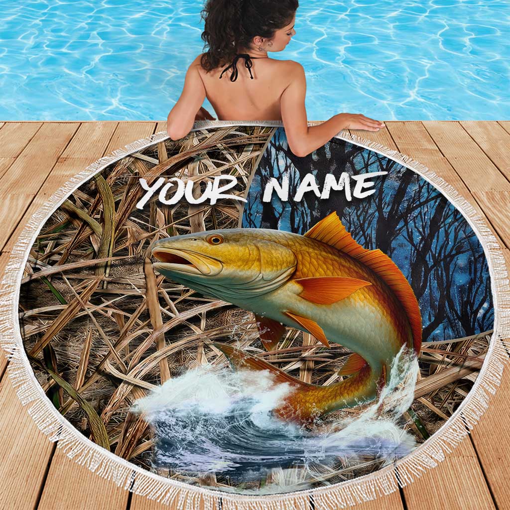 Redfish Splashing in Marsh Grass Beach Blanket Custom Name and Nature Background Design - Wonder Print Shop