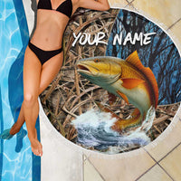 Redfish Splashing in Marsh Grass Beach Blanket Custom Name and Nature Background Design - Wonder Print Shop