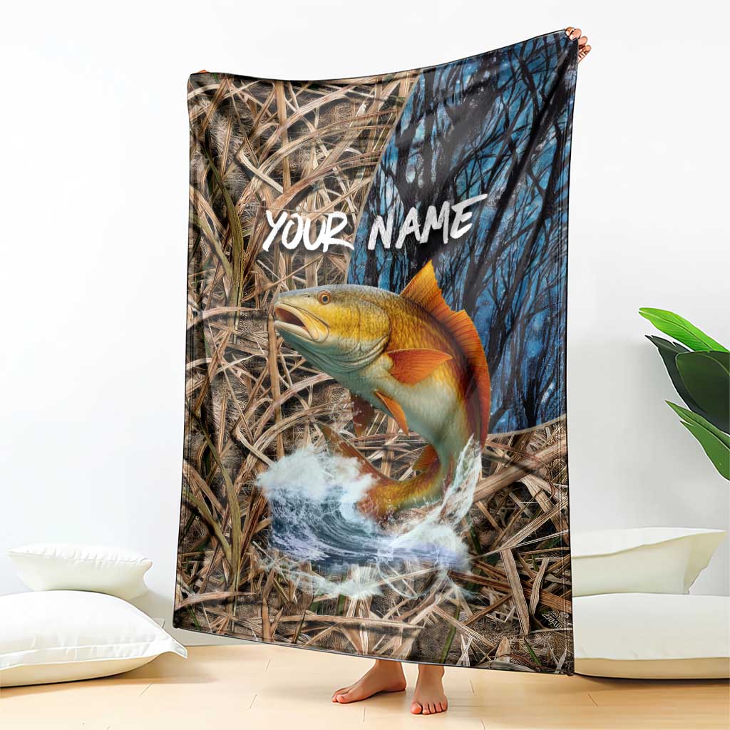Redfish Splashing in Marsh Grass Blanket Custom Name and Nature Background Design - Wonder Print Shop