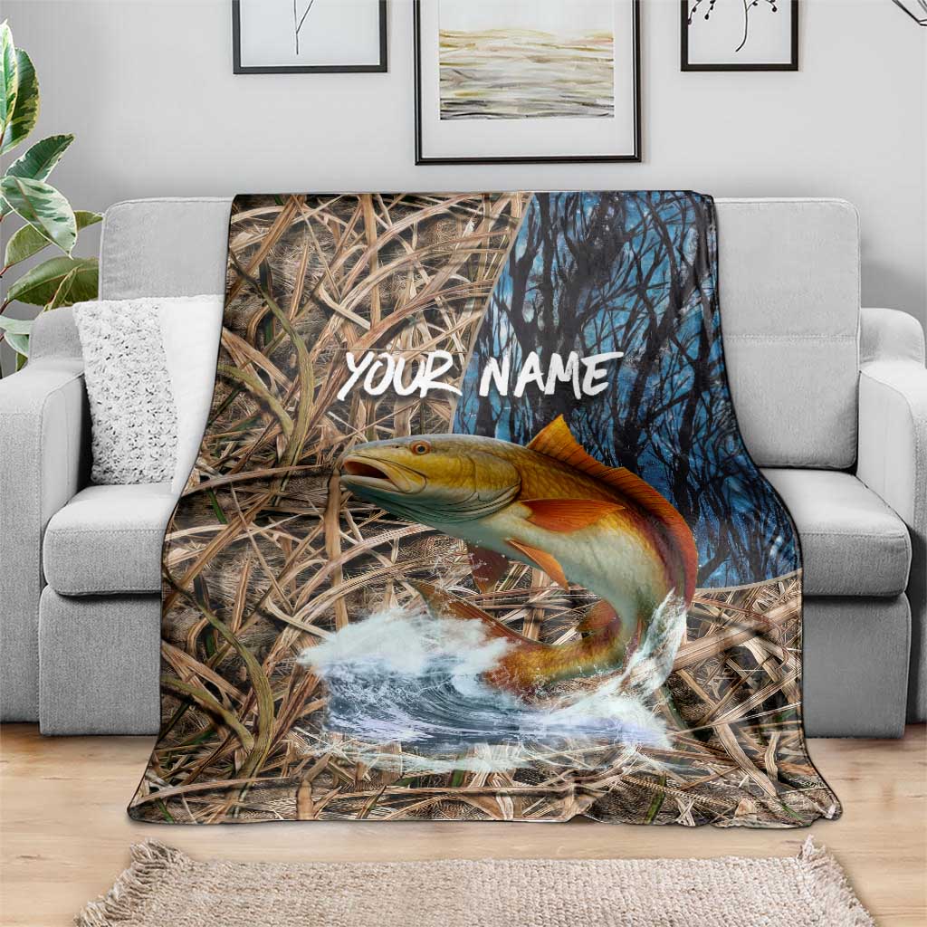 Redfish Splashing in Marsh Grass Blanket Custom Name and Nature Background Design - Wonder Print Shop