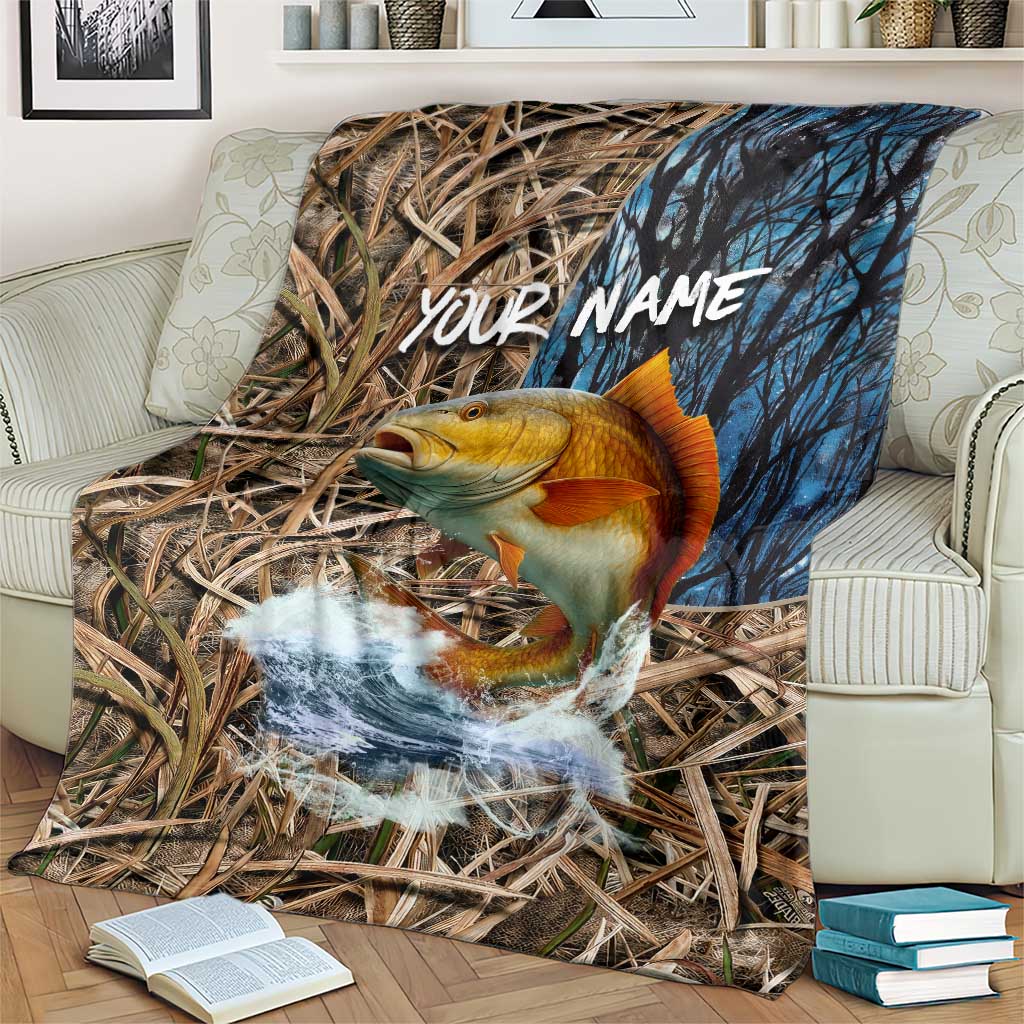 Redfish Splashing in Marsh Grass Blanket Custom Name and Nature Background Design - Wonder Print Shop