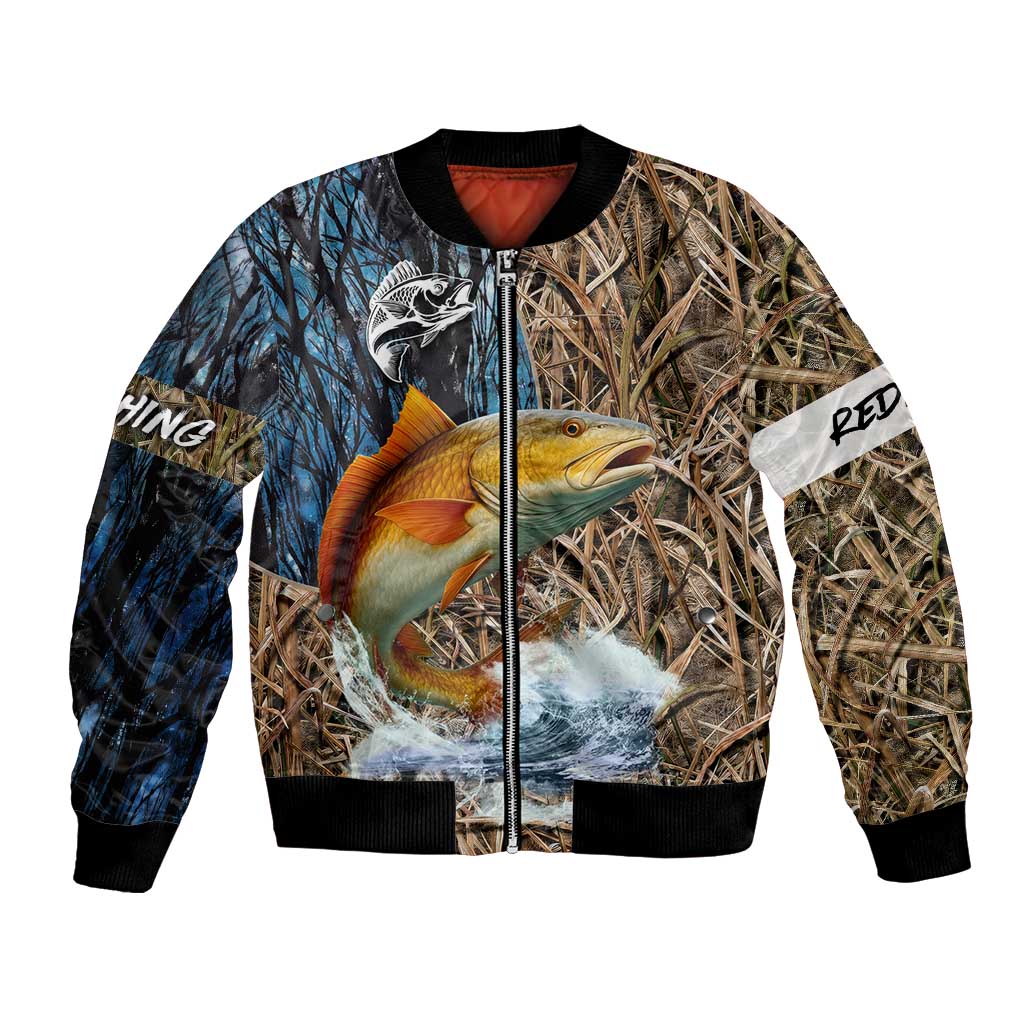 Redfish Splashing in Marsh Grass Bomber Jacket Custom Name and Nature Background Design - Wonder Print Shop