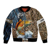Redfish Splashing in Marsh Grass Bomber Jacket Custom Name and Nature Background Design - Wonder Print Shop