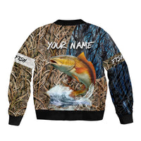 Redfish Splashing in Marsh Grass Bomber Jacket Custom Name and Nature Background Design - Wonder Print Shop