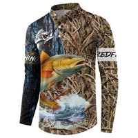 Redfish Splashing in Marsh Grass Button Sweatshirt Custom Name and Nature Background Design - Wonder Print Shop