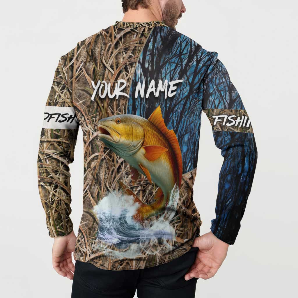 Redfish Splashing in Marsh Grass Button Sweatshirt Custom Name and Nature Background Design - Wonder Print Shop