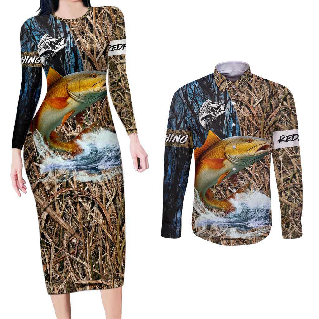 Redfish Splashing in Marsh Grass Couples Matching Long Sleeve Bodycon Dress and Long Sleeve Button Shirt Custom Name and Nature Background Design - Wonder Print Shop