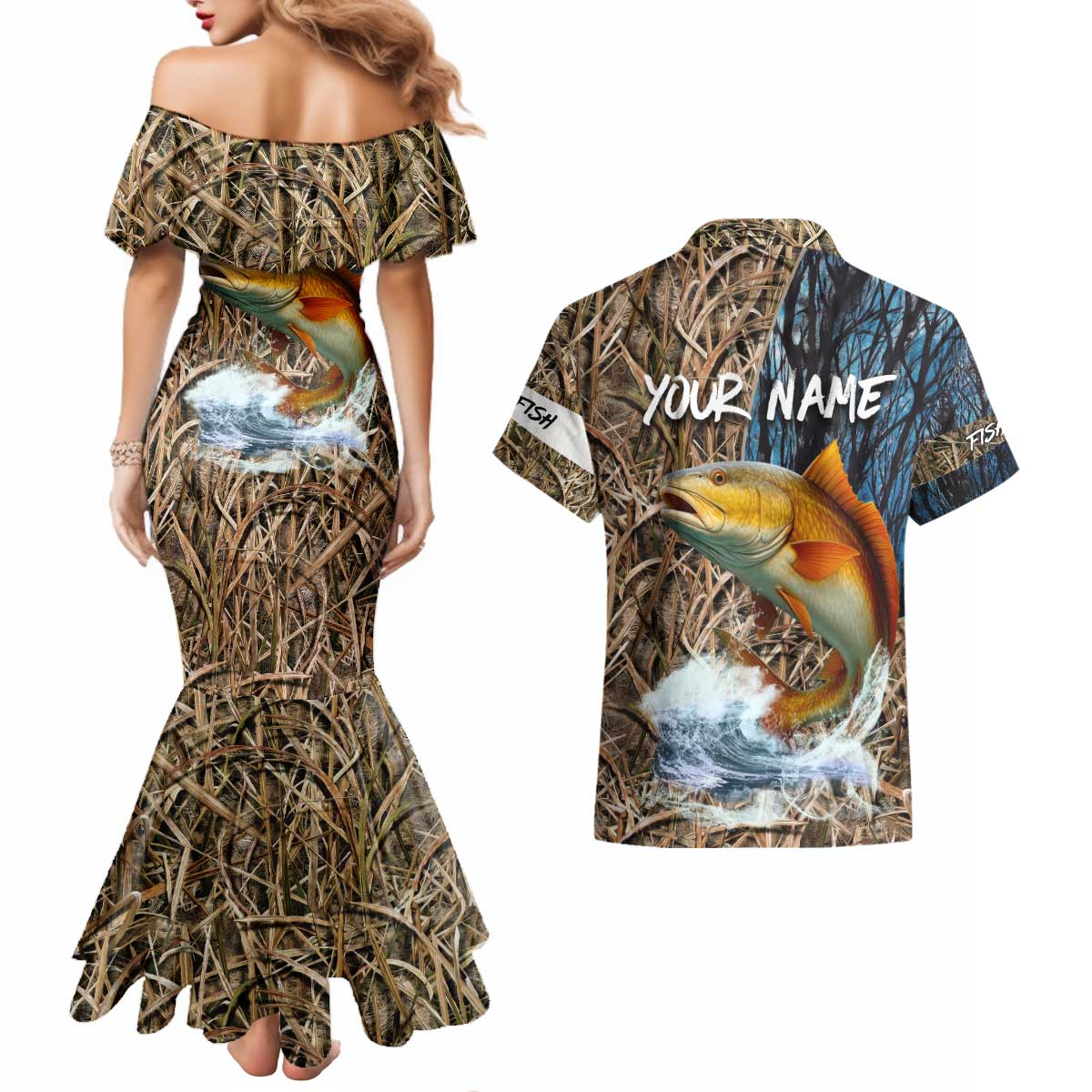 Redfish Splashing in Marsh Grass Couples Matching Mermaid Dress and Hawaiian Shirt Custom Name and Nature Background Design - Wonder Print Shop