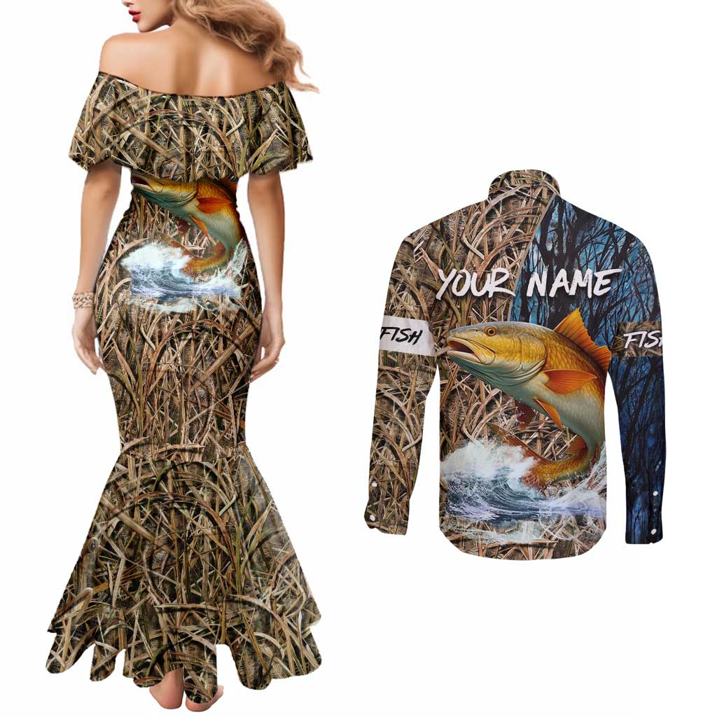 Redfish Splashing in Marsh Grass Couples Matching Mermaid Dress and Long Sleeve Button Shirt Custom Name and Nature Background Design - Wonder Print Shop