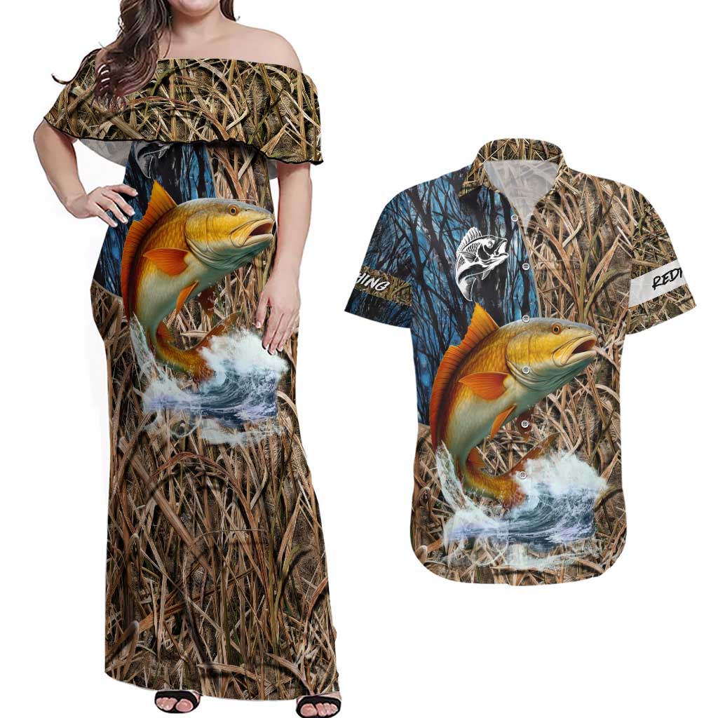 Redfish Splashing in Marsh Grass Couples Matching Off Shoulder Maxi Dress and Hawaiian Shirt Custom Name and Nature Background Design - Wonder Print Shop