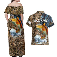 Redfish Splashing in Marsh Grass Couples Matching Off Shoulder Maxi Dress and Hawaiian Shirt Custom Name and Nature Background Design - Wonder Print Shop