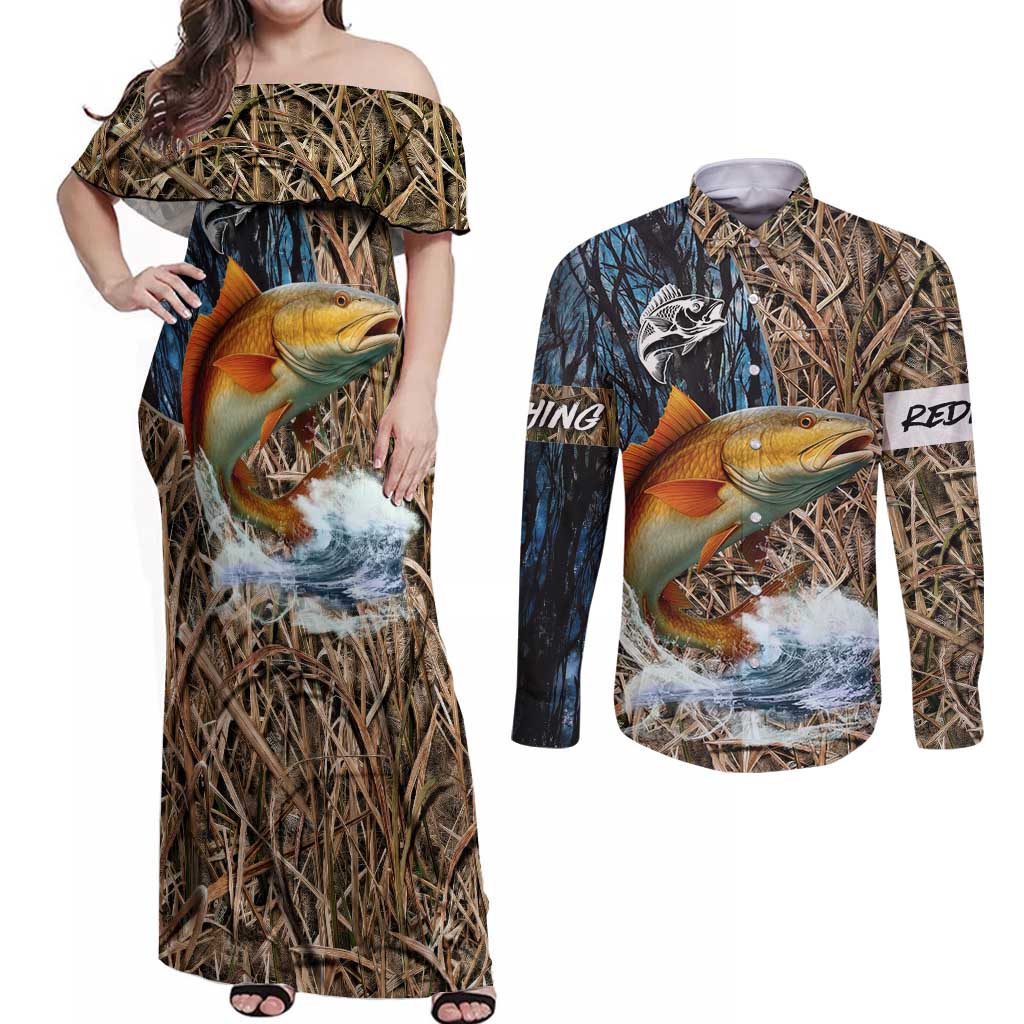 Redfish Splashing in Marsh Grass Couples Matching Off Shoulder Maxi Dress and Long Sleeve Button Shirt Custom Name and Nature Background Design - Wonder Print Shop