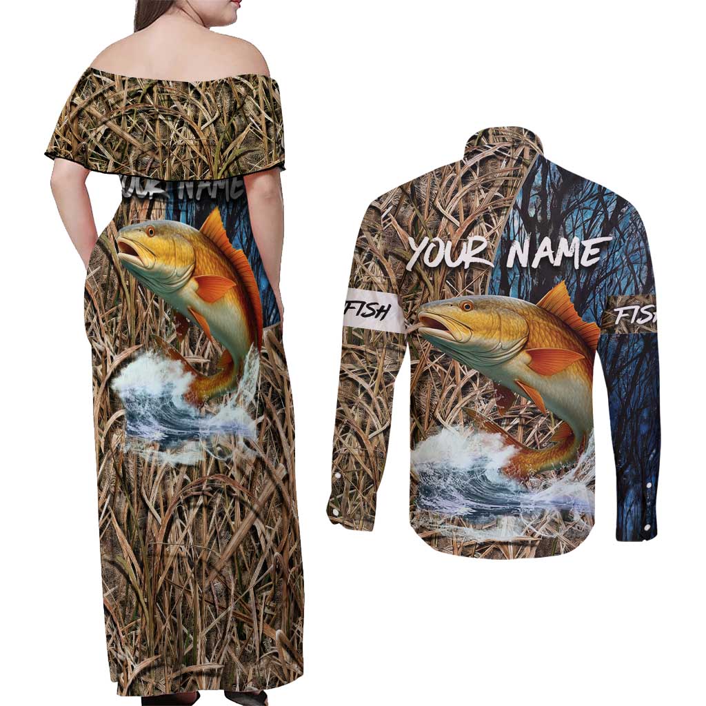 Redfish Splashing in Marsh Grass Couples Matching Off Shoulder Maxi Dress and Long Sleeve Button Shirt Custom Name and Nature Background Design - Wonder Print Shop