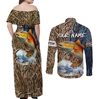 Redfish Splashing in Marsh Grass Couples Matching Off Shoulder Maxi Dress and Long Sleeve Button Shirt Custom Name and Nature Background Design - Wonder Print Shop