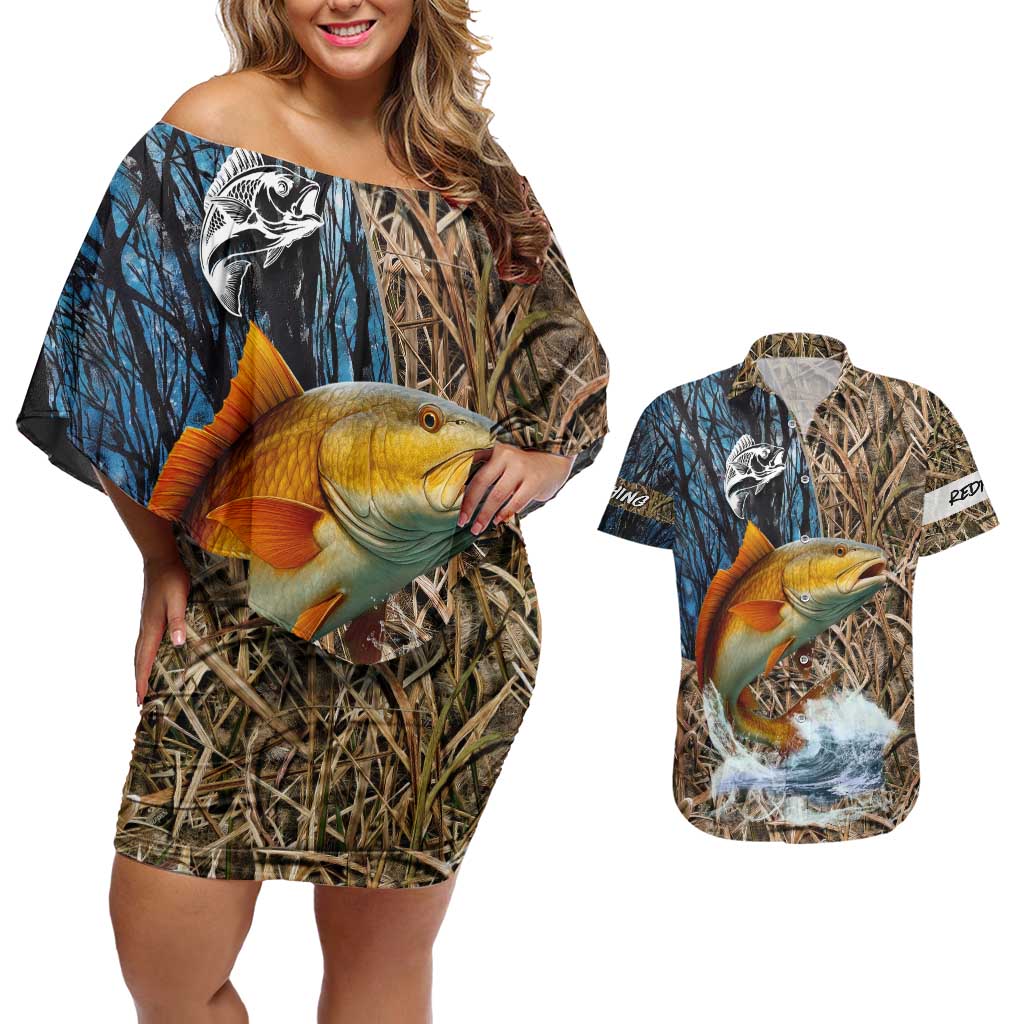 Redfish Splashing in Marsh Grass Couples Matching Off Shoulder Short Dress and Hawaiian Shirt Custom Name and Nature Background Design - Wonder Print Shop