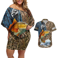 Redfish Splashing in Marsh Grass Couples Matching Off Shoulder Short Dress and Hawaiian Shirt Custom Name and Nature Background Design - Wonder Print Shop