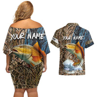 Redfish Splashing in Marsh Grass Couples Matching Off Shoulder Short Dress and Hawaiian Shirt Custom Name and Nature Background Design - Wonder Print Shop