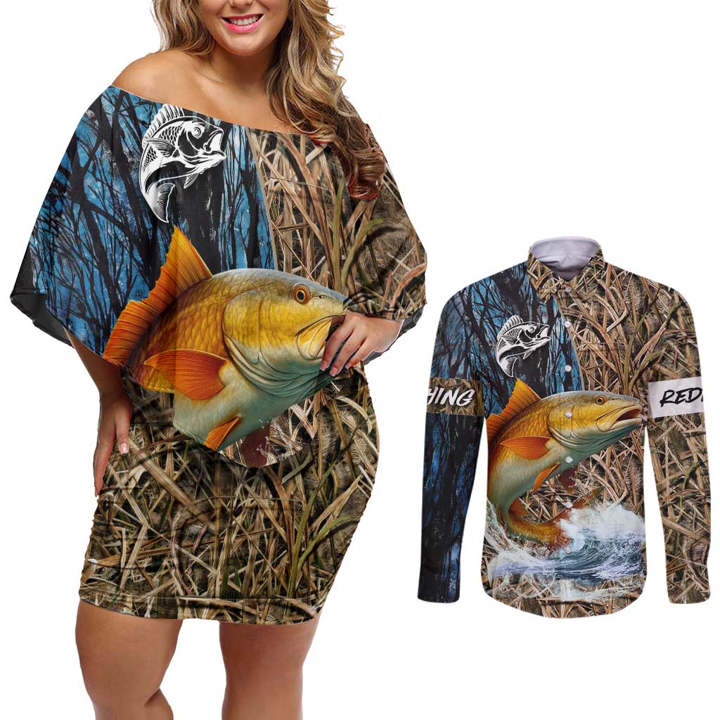 Redfish Splashing in Marsh Grass Couples Matching Off Shoulder Short Dress and Long Sleeve Button Shirt Custom Name and Nature Background Design - Wonder Print Shop