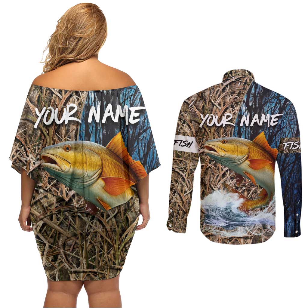 Redfish Splashing in Marsh Grass Couples Matching Off Shoulder Short Dress and Long Sleeve Button Shirt Custom Name and Nature Background Design - Wonder Print Shop
