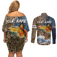 Redfish Splashing in Marsh Grass Couples Matching Off Shoulder Short Dress and Long Sleeve Button Shirt Custom Name and Nature Background Design - Wonder Print Shop