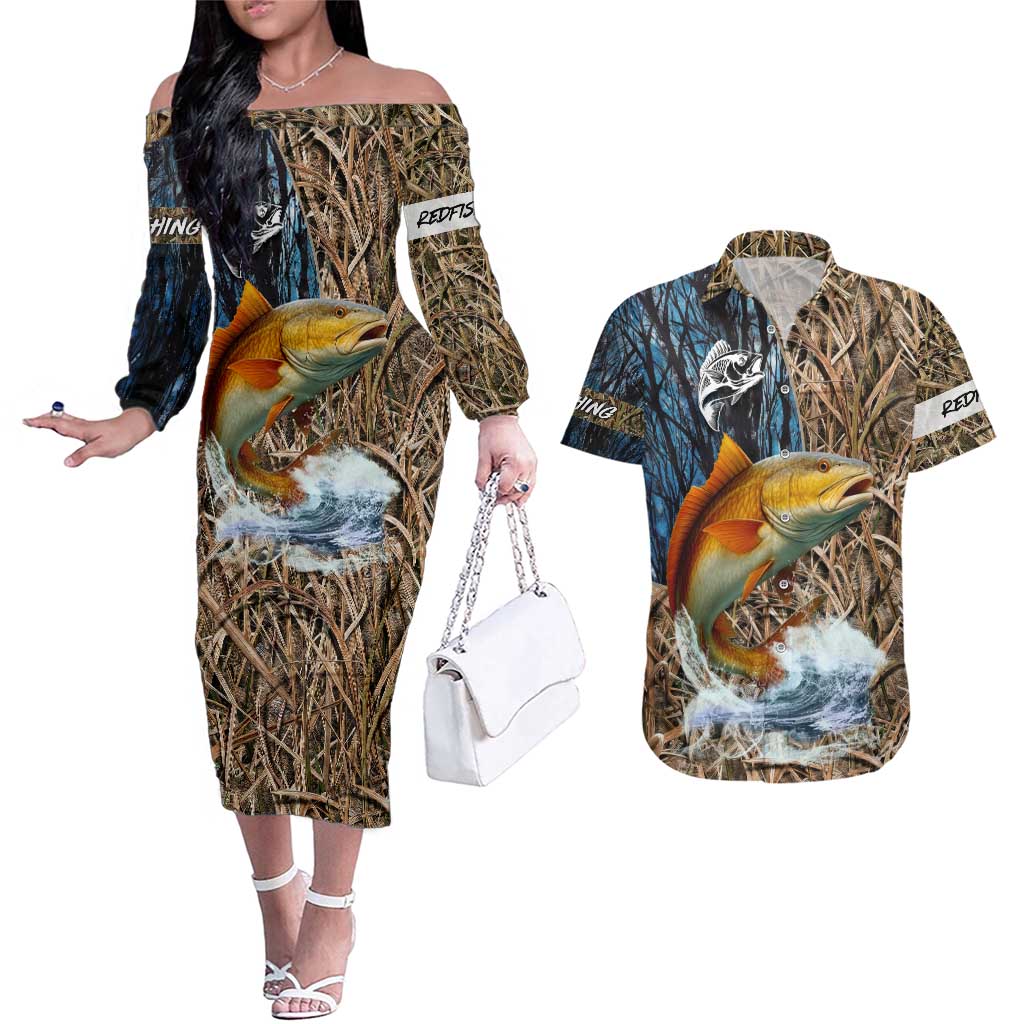 Redfish Splashing in Marsh Grass Couples Matching Off The Shoulder Long Sleeve Dress and Hawaiian Shirt Custom Name and Nature Background Design - Wonder Print Shop