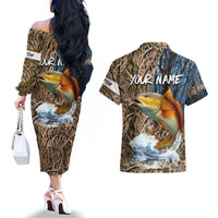 Redfish Splashing in Marsh Grass Couples Matching Off The Shoulder Long Sleeve Dress and Hawaiian Shirt Custom Name and Nature Background Design - Wonder Print Shop