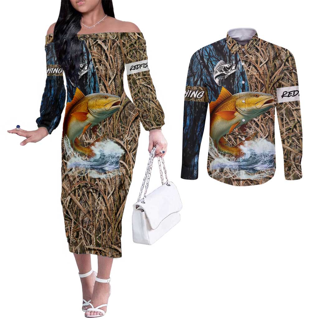 Redfish Splashing in Marsh Grass Couples Matching Off The Shoulder Long Sleeve Dress and Long Sleeve Button Shirt Custom Name and Nature Background Design - Wonder Print Shop