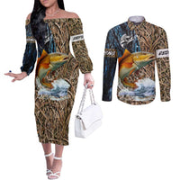 Redfish Splashing in Marsh Grass Couples Matching Off The Shoulder Long Sleeve Dress and Long Sleeve Button Shirt Custom Name and Nature Background Design - Wonder Print Shop