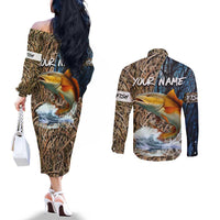 Redfish Splashing in Marsh Grass Couples Matching Off The Shoulder Long Sleeve Dress and Long Sleeve Button Shirt Custom Name and Nature Background Design - Wonder Print Shop