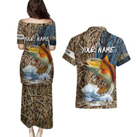 Redfish Splashing in Marsh Grass Couples Matching Puletasi and Hawaiian Shirt Custom Name and Nature Background Design - Wonder Print Shop