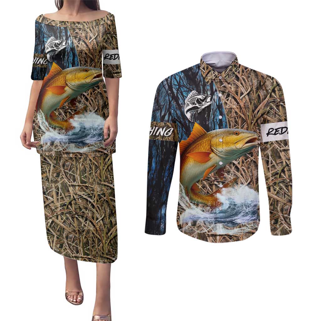 Redfish Splashing in Marsh Grass Couples Matching Puletasi and Long Sleeve Button Shirt Custom Name and Nature Background Design - Wonder Print Shop