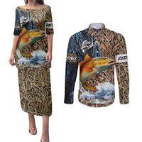 Redfish Splashing in Marsh Grass Couples Matching Puletasi and Long Sleeve Button Shirt Custom Name and Nature Background Design - Wonder Print Shop