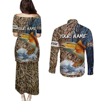 Redfish Splashing in Marsh Grass Couples Matching Puletasi and Long Sleeve Button Shirt Custom Name and Nature Background Design - Wonder Print Shop