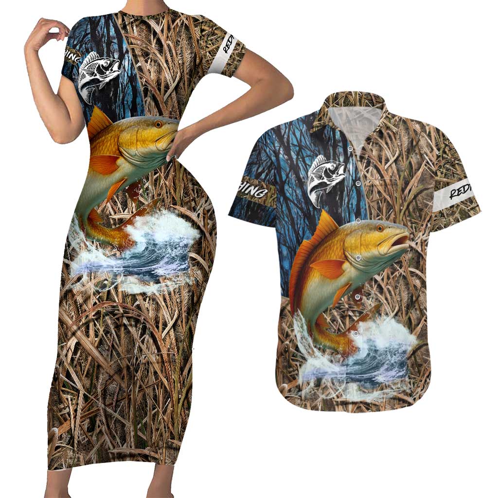 Redfish Splashing in Marsh Grass Couples Matching Short Sleeve Bodycon Dress and Hawaiian Shirt Custom Name and Nature Background Design - Wonder Print Shop