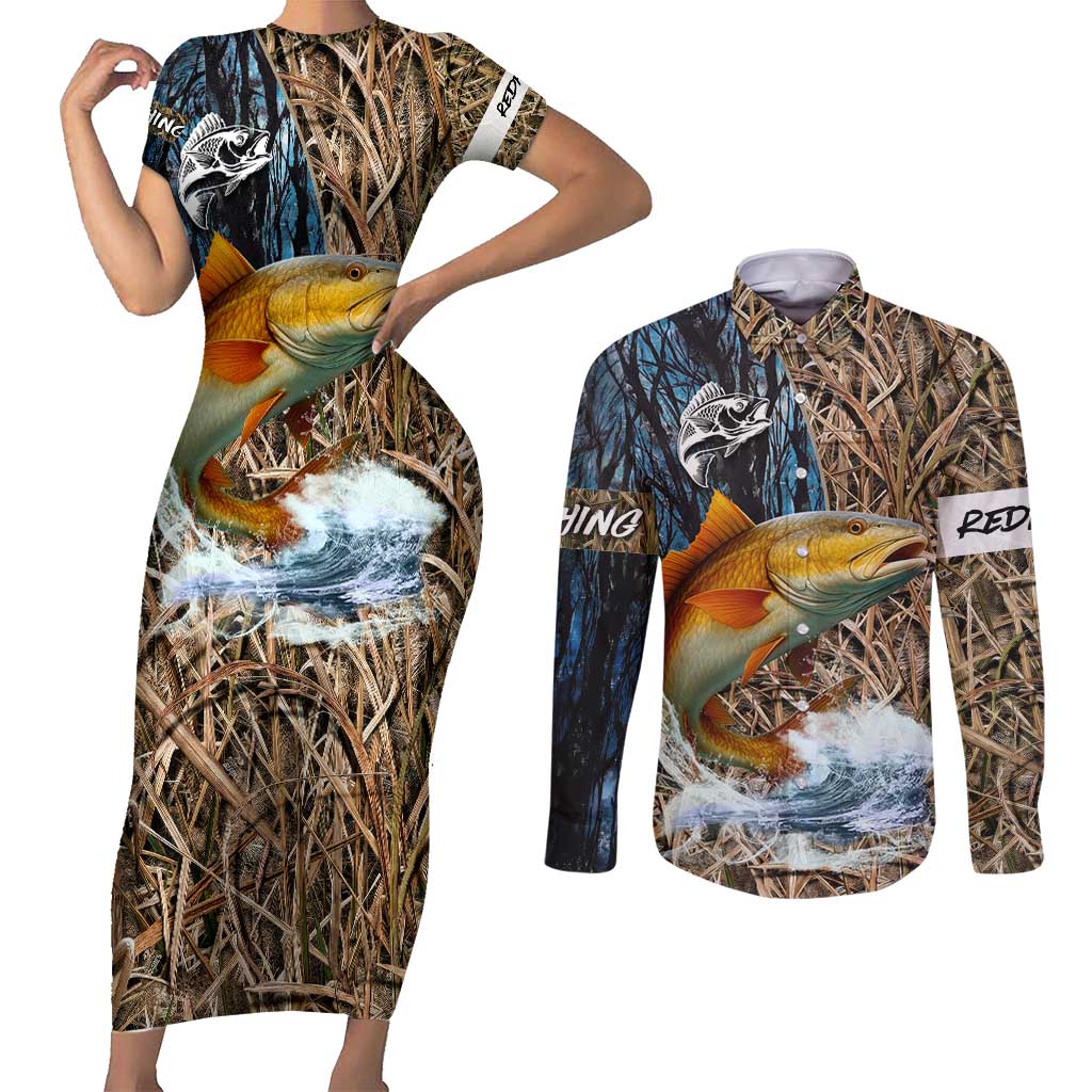 Redfish Splashing in Marsh Grass Couples Matching Short Sleeve Bodycon Dress and Long Sleeve Button Shirt Custom Name and Nature Background Design - Wonder Print Shop