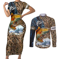 Redfish Splashing in Marsh Grass Couples Matching Short Sleeve Bodycon Dress and Long Sleeve Button Shirt Custom Name and Nature Background Design - Wonder Print Shop