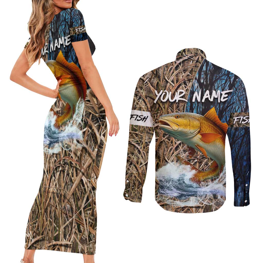 Redfish Splashing in Marsh Grass Couples Matching Short Sleeve Bodycon Dress and Long Sleeve Button Shirt Custom Name and Nature Background Design - Wonder Print Shop