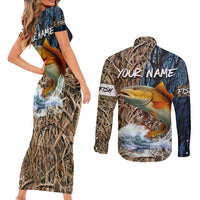 Redfish Splashing in Marsh Grass Couples Matching Short Sleeve Bodycon Dress and Long Sleeve Button Shirt Custom Name and Nature Background Design - Wonder Print Shop
