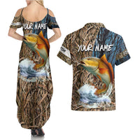 Redfish Splashing in Marsh Grass Couples Matching Summer Maxi Dress and Hawaiian Shirt Custom Name and Nature Background Design - Wonder Print Shop