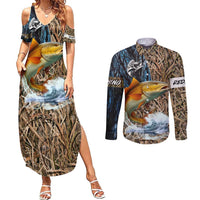 Redfish Splashing in Marsh Grass Couples Matching Summer Maxi Dress and Long Sleeve Button Shirt Custom Name and Nature Background Design - Wonder Print Shop